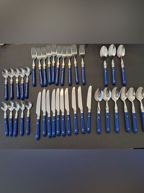 Inox France Flatware MCM Stainless Steel With Blue Handle 39 Piece Set